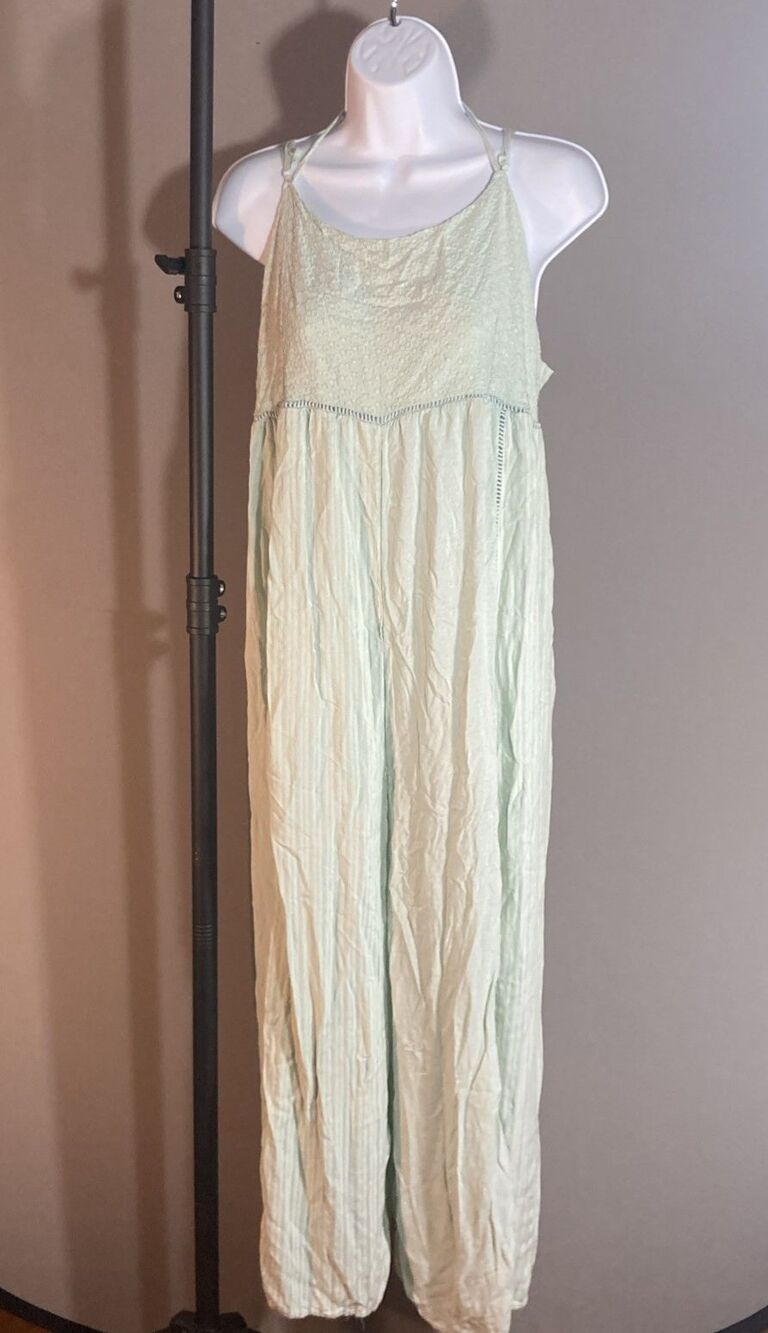 Lilka Green Embroidered Empire Waist Pull On Wide Leg Rayon Jumpsuit M